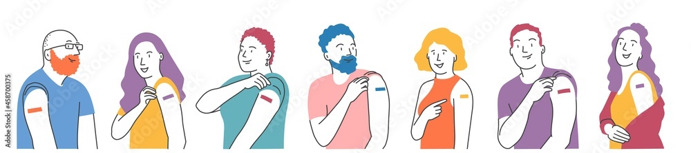 Diverse people after vaccination. - obrazy, fototapety, plakaty 