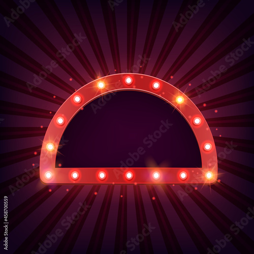 Retro marquee billboard with electric light lamps, glowing frame, against the background of rays.