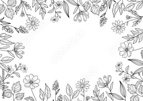 花で周りを装飾したデザインフレーム　線画