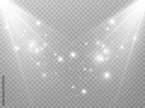 White sparks and golden stars glitter special light effect. Vector sparkles on transparent background. Christmas abstract pattern. Sparkling magic dust particles