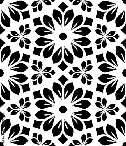 Flower geometric pattern. Seamless vector background. White and black ornament