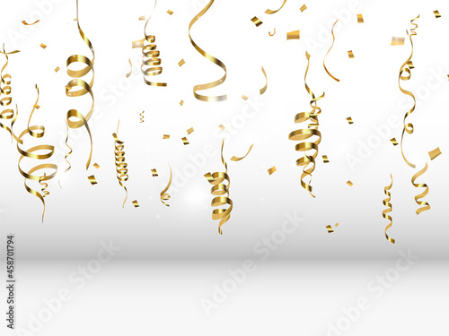 Gold serpentine and confetti isolated on black background. Vector illustration.	