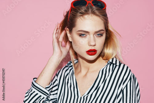 pretty woman in striped shirt sunglasses fashion glamor bright makeup © SHOTPRIME STUDIO