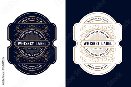 Whiskey Bourbon Vintage luxury antique logo border frame western engraving labels for beer wine whiskey alcohol product box packaging label vector printable design template