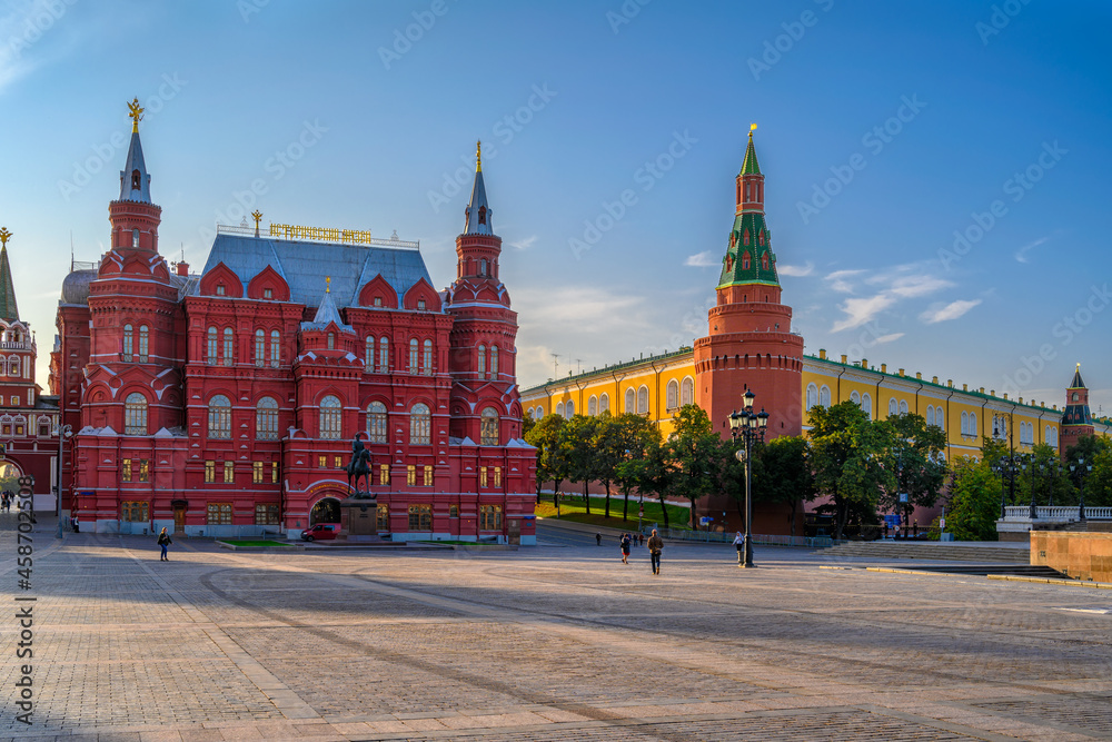 Manezhnaya Square, Moscow Kremlin and State Historical Museum in Moscow, Russia. Architecture and landmarks of Moscow.