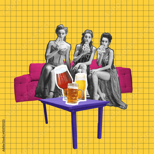 Photography Contemporary art collage with young girls meeting together and drinking light frothy beer