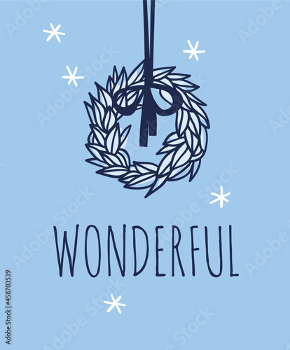 Hand drawn Christmas wreath on blue background. Creative ink art work. Actual vector doodle drawing decorations and text