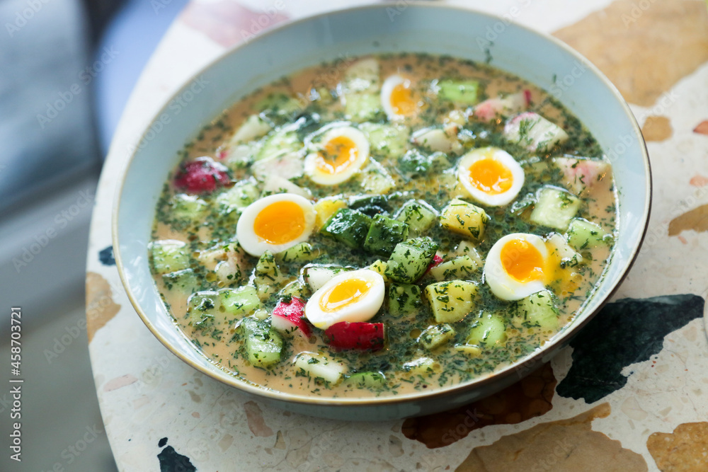 Traditional cold soup with vegetables and eggs Traditional cold soup with vegetables and eggs