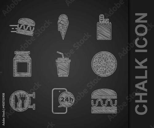 Set Paper glass with water, Food ordering, Burger, Pizza, Cafe and restaurant location, Online delivery, and burger icon. Vector