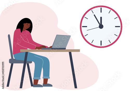 Timing concept in work or training. Illustration of a woman in a workspace with a laptop