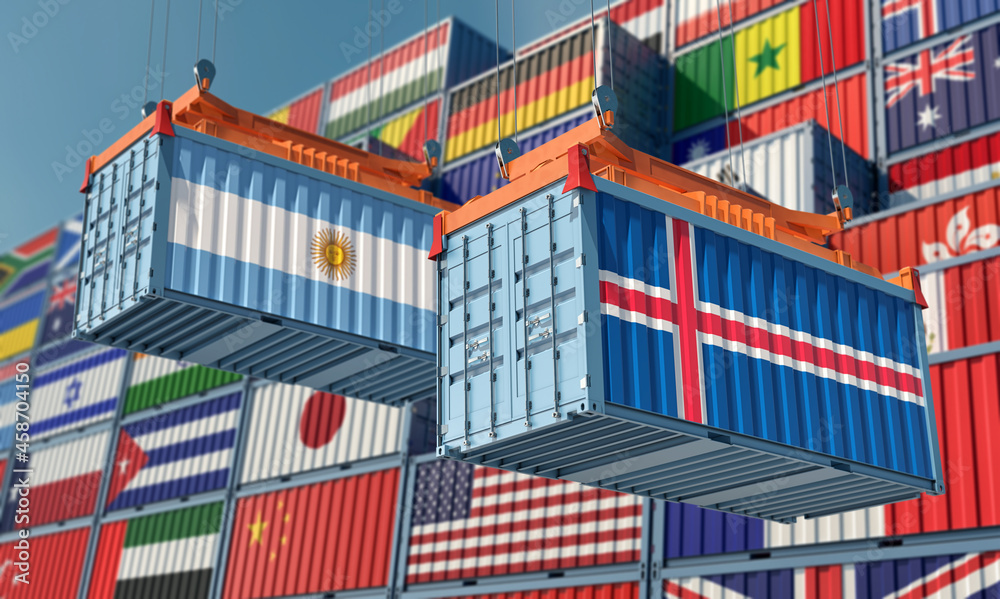 Freight containers with Argentina and Iceland national flags. 3D Rendering 