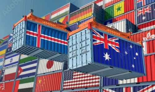 Freight containers with Australia and Iceland national flags. 3D Rendering 