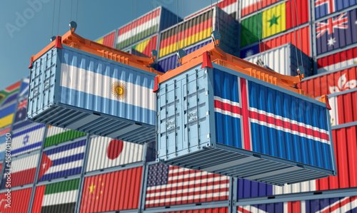 Freight containers with Argentina and Iceland national flags. 3D Rendering 