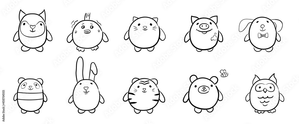 Vector illustration in a linear style. Doodles of cute animals - tiger, fox, bear, panda, chicken, owl, pig, rabbit. Cute design for children's books and coloring pages for preschoolers.