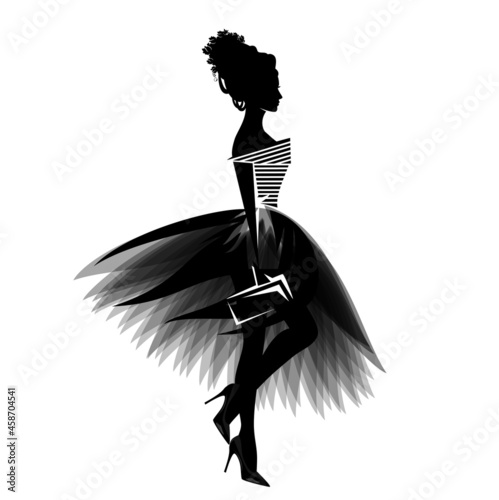 vector portrait of beautiful glamorous woman wearing stylish clothes - haute couture tulle tutu dress, fashionable high heels and clutch bag