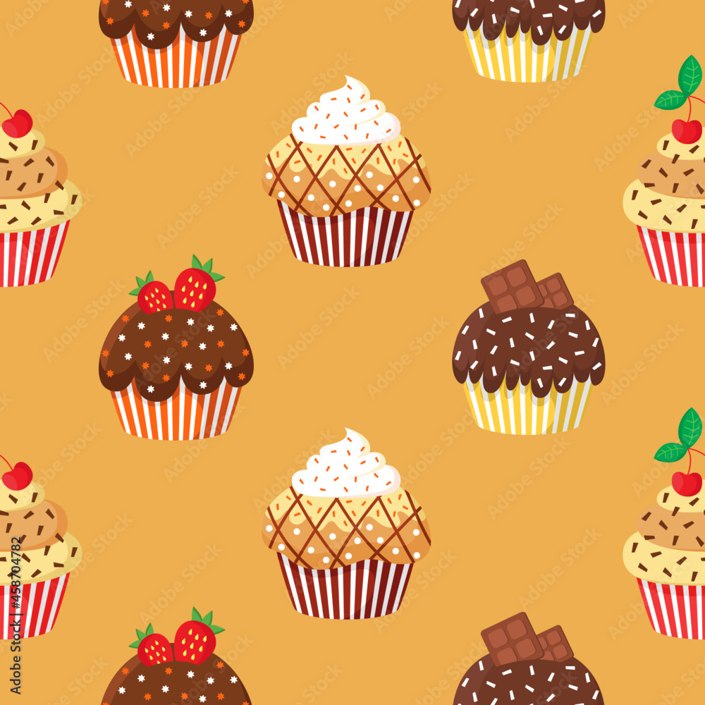 Colorful seamless pattern with sweet delicious cupcakes. Vector illustration