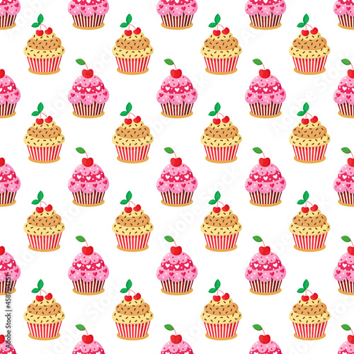 Colorful seamless pattern with sweet delicious cupcakes. Vector illustration