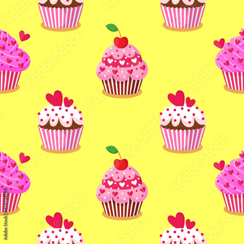 Colorful seamless pattern with sweet delicious cupcakes. Vector illustration
