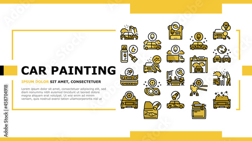 Car Painting Service Landing Web Page Header Banner Template Vector. Car Painting And Fixing, Plastic Bumper Repair And Paint, Headlight Restoration And Clear Coating Illustration