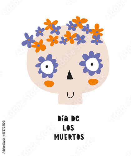 Dia de Los Muertos - Day of the Dead.Funny Hand Drawn Halloween Vector Illustration. Cute Human Skull Wearing Floral Wreath Isolated on a White Background. Funny Halloween Print for Card, Poster.
