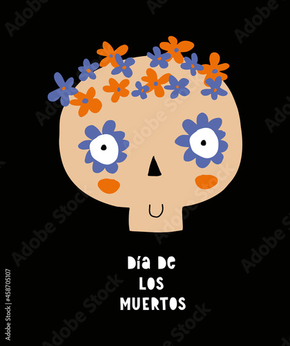 Dia de Los Muertos - Day of the Dead.Funny Hand Drawn Halloween Vector Illustration. Cute Human Skull Wearing Floral Wreath Isolated on a Black Background. Funny Halloween Print for Card, Poster.