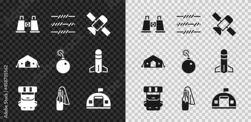 Set Binoculars, Barbed wire, Satellite, Hiking backpack, Cocktail molotov, Military barracks, medical tent and Bomb ready explode icon. Vector