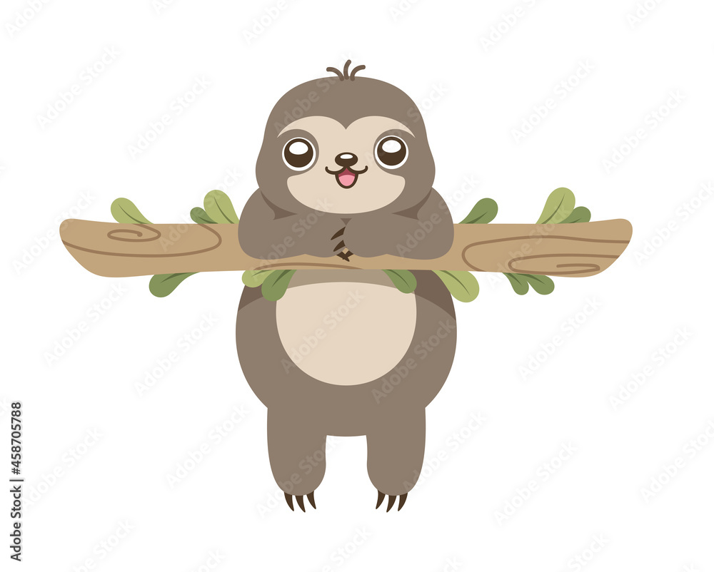 Obraz premium Cute sloth hanging on a branch clipart vector illustration