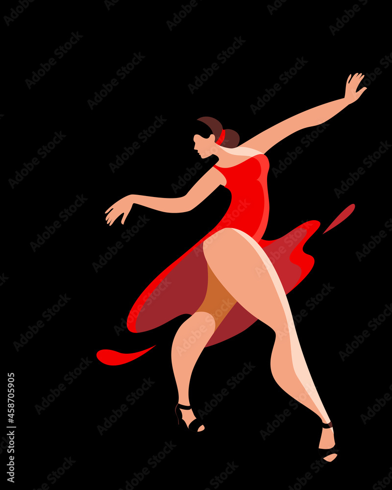 Elegant woman in a red dress dancing a Latin American dance on a black background. Vector vertical banner or poster template.