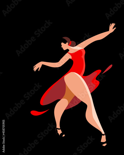 Elegant woman in a red dress dancing a Latin American dance on a black background. Vector vertical banner or poster template.