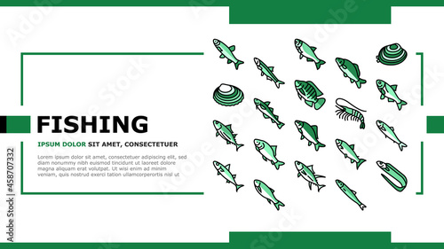 Commercial Fishing Aquaculture Landing Web Page Header Banner Template Vector. Japanese Cockle And Anchovy, Common And Silver Carp, Rohu And Catle Fish, Chub Mackerel And Yellowfin Tuna Illustration