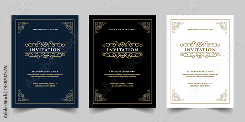 Black white and gold Vintage royal and luxury set of invitation card for wedding anniversary birthday party celebration floral swirl ornamental decorative vector printable template  