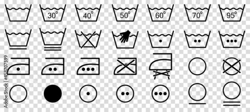 Washing symbols set. Line art style. Laundry icons. Vector illustration isolated on transparent background