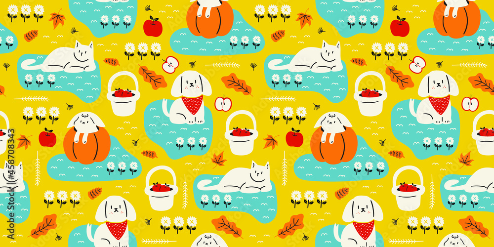 The dog cat and rabbit in the park on a autumn season. seamless pattern,yellow background,animal,vector for design. The dog cat and rabbit in the park on a autumn season. seamless pattern,yellow background,animal,vector for design.