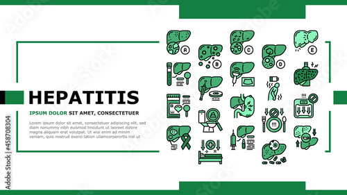 Hepatitis Liver Health Problem Landing Web Page Header Banner Template Vector. Cirrhosis And Hepatitis Type, Pale Stool And Dark Urine, Ultrasound And Biopsy, Abdominal Pain Vaccination Illustration