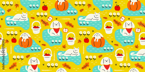The dog cat and rabbit in the park on a autumn season. seamless pattern,yellow background,animal,vector for design.
