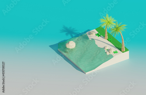 3D rendering. Two palm trees with green leaves on a piece of an island with grass, white sand, large stones and a turquoise sea on a blue background.