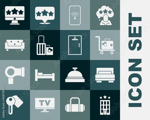 Set Hotel building, room bed, Suitcase, Mobile with wi-fi wireless, Sofa, Five stars rating review and Shower cabin icon. Vector