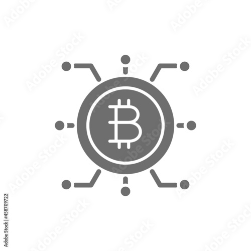Bitcoin coin with closed contacts, blockchain grey icon.