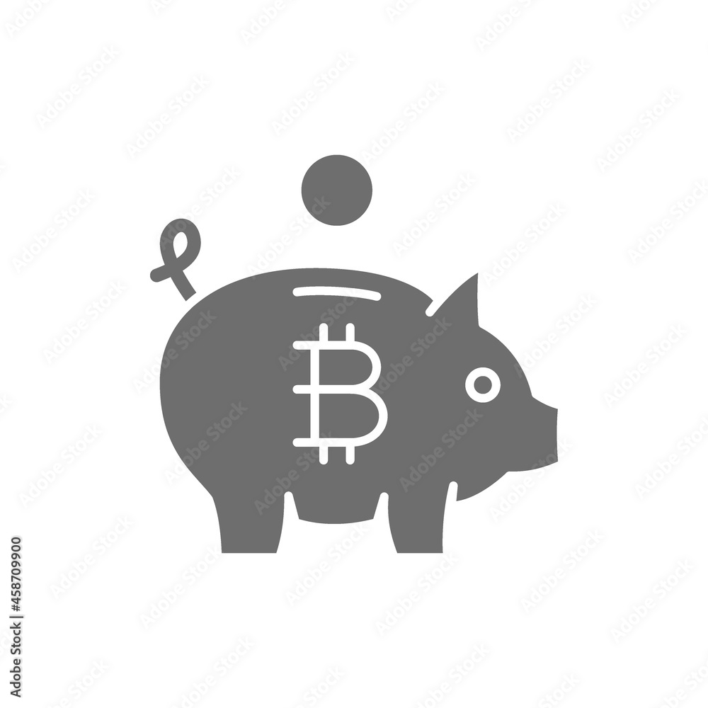 Piggy bank with bitcoin, cryptocurrency, crypto coin grey icon. Piggy bank with bitcoin, cryptocurrency, crypto coin grey icon.