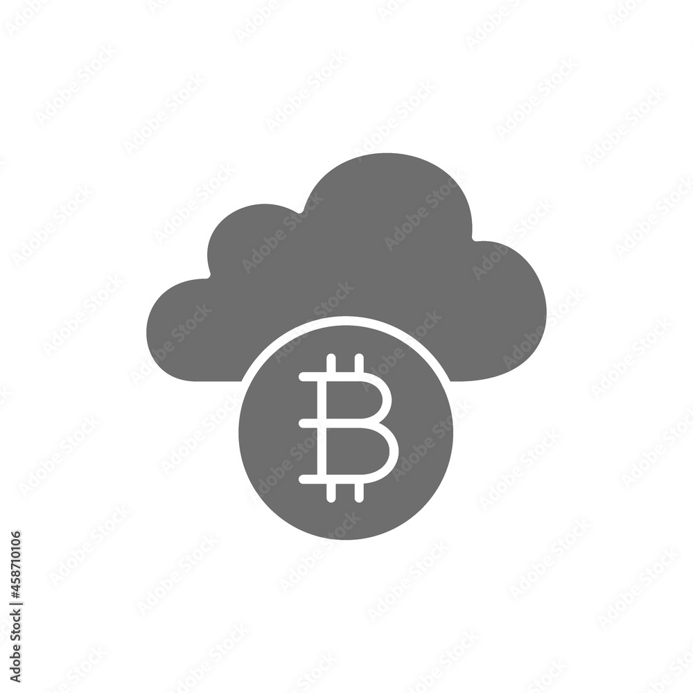 Cloud with bitcoin coin, cryptocurrency, blockchain grey icon. Cloud with bitcoin coin, cryptocurrency, blockchain grey icon.