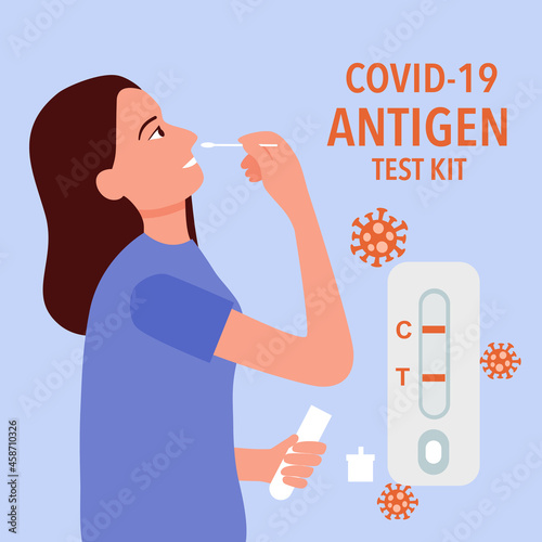 Woman using COVID-19 antigen rapid test kit for checking Coronavirus concept vector illustration.