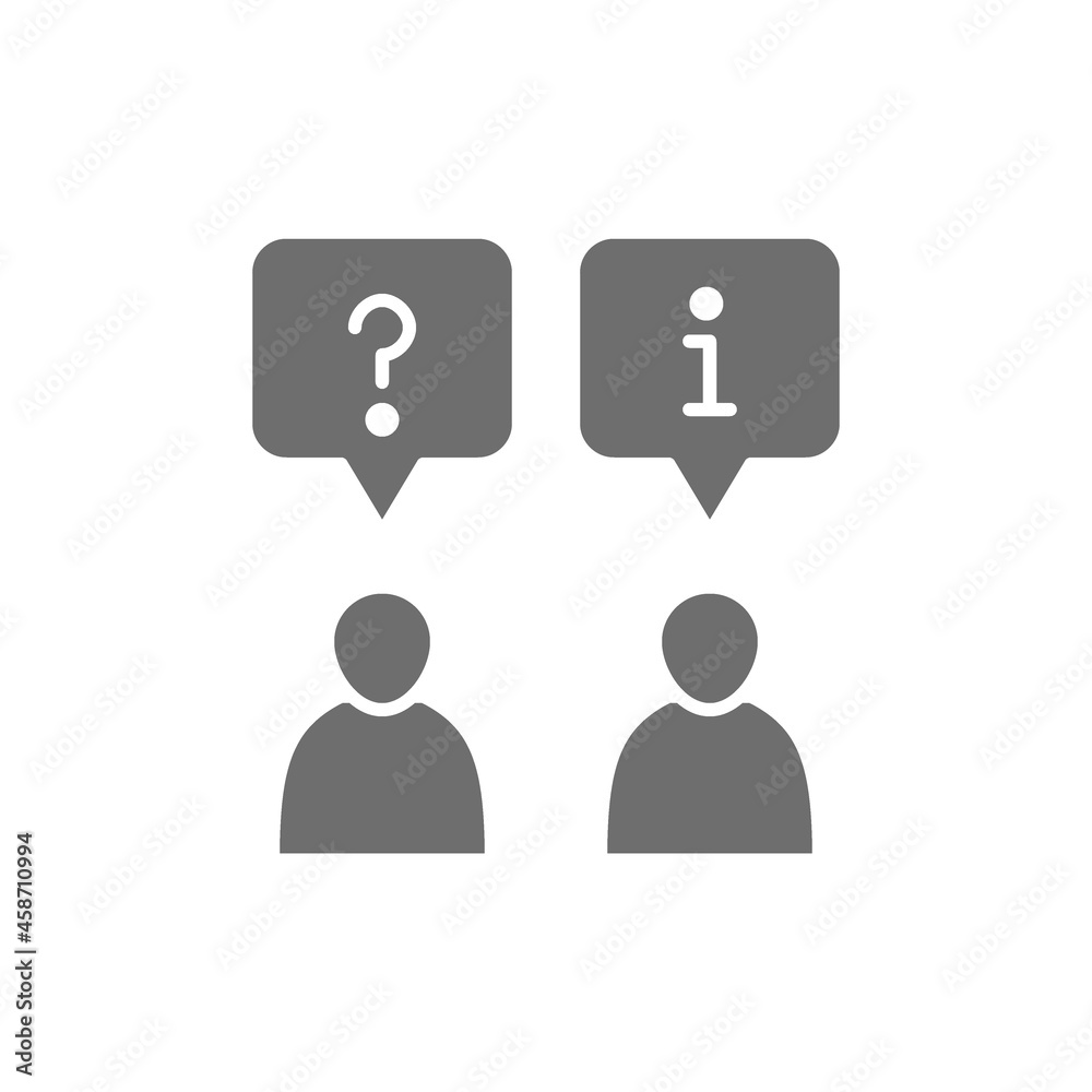 Client and employee with chat cloud, faq and answers grey icon. Client and employee with chat cloud, faq and answers grey icon.