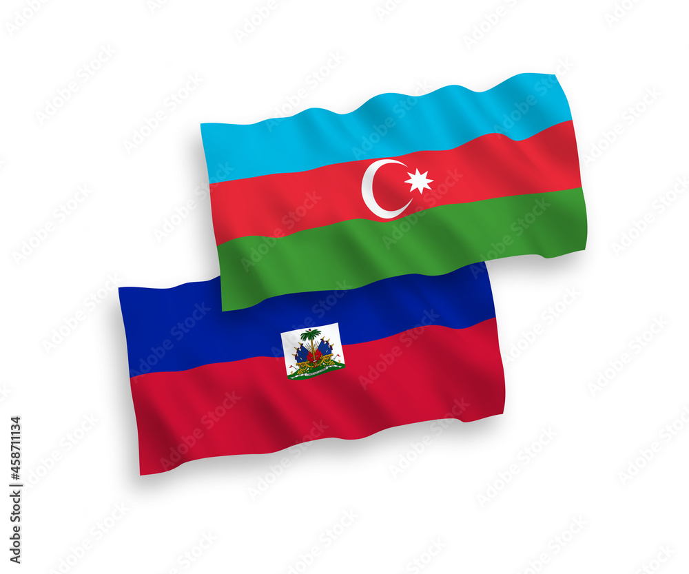 Fototapeta premium National vector fabric wave flags of Republic of Haiti and Azerbaijan isolated on white background. 1 to 2 proportion.
