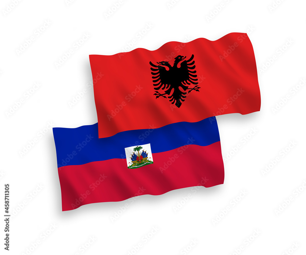 National vector fabric wave flags of Republic of Haiti and Albania isolated on white background. 1 to 2 proportion. National vector fabric wave flags of Republic of Haiti and Albania isolated on white background. 1 to 2 proportion.