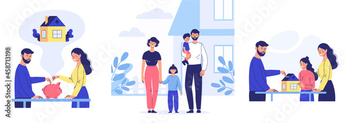 a young family throws money into a piggy bank to buy a house. home buying concept. cartoon style