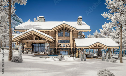 3d rendering of modern cozy chalet with pool and parking for sale or rent. Beautiful forest mountains on background. Massive timber beams columns. Cool winter day with shiny white snow. © korisbo