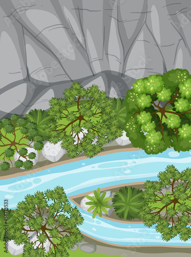 Aerial view with river through the forest landscape