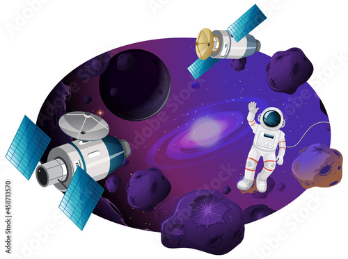 Space background with galaxy and meteorites