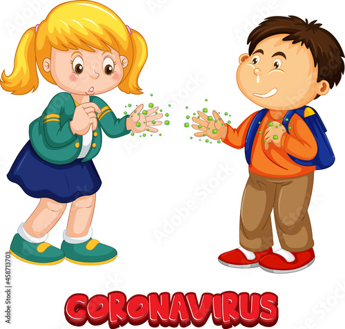 Two kids cartoon character do not keep social distance with Coronavirus font ...