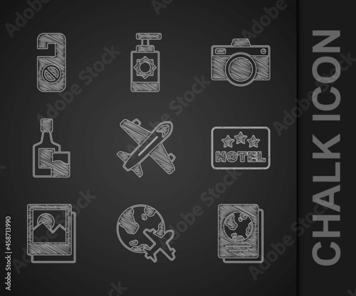 Set Plane, Globe with flying plane, Passport, Signboard text Hotel, Photo, Whiskey bottle and glass, camera and Please do not disturb icon. Vector